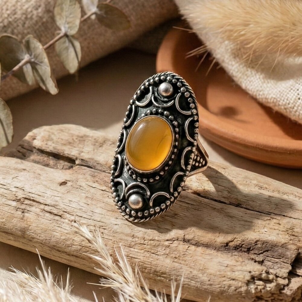 Honey Tigers Eye Statement Ring Silver Plated Adjustable 8-10 Boho Whimsigoth